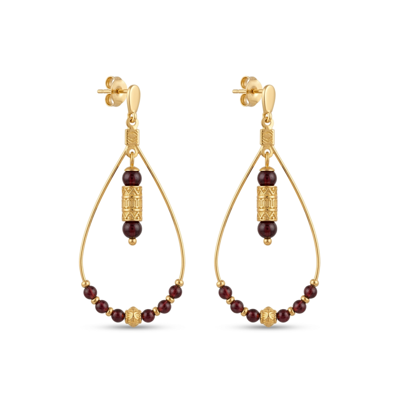 Boucles goutte grenat - acier doré