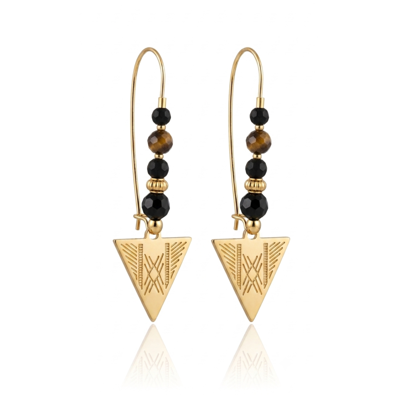 Boucles longues agate+triangle - acier doré