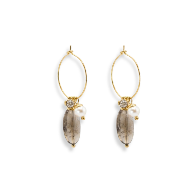 Créoles quartz fumé, perles de culture - acier doré
