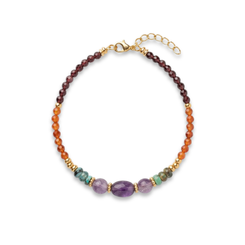 Bracelet améthyste, turq afric, cornaline - acier doré