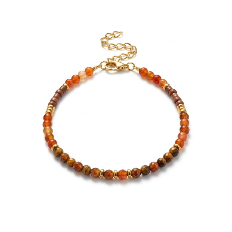 Bracelet perlé cornaline, marron - acier doré