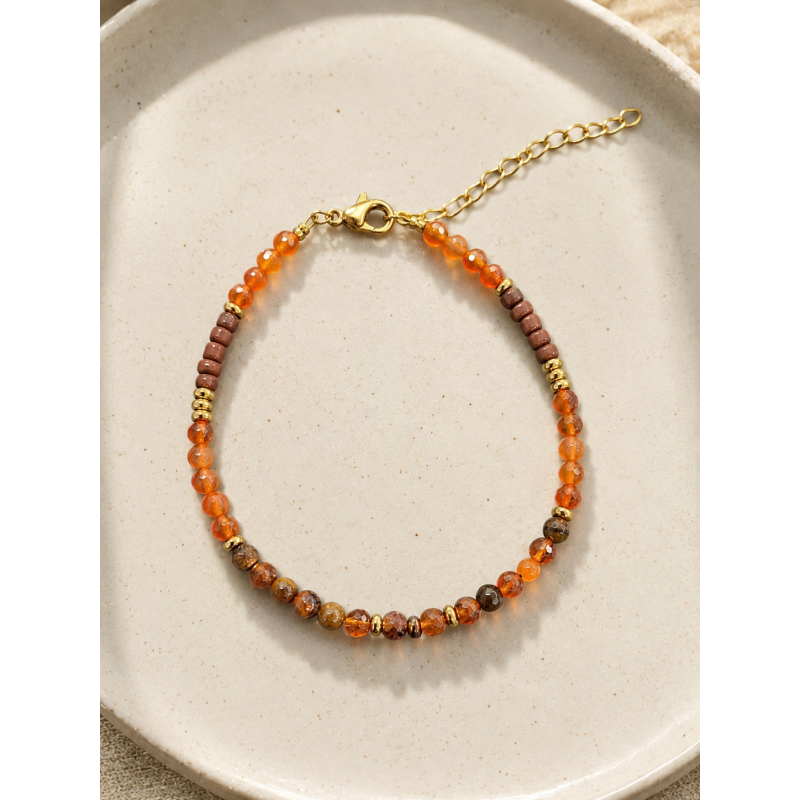 Bracelet perlé cornaline, marron - acier doré