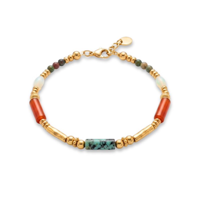Bracelet tube turq afric, cornaline - acier doré
