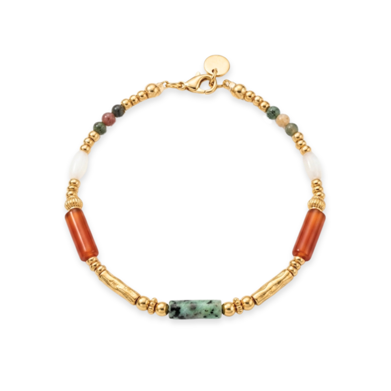 Bracelet tube turq afric, cornaline - acier doré