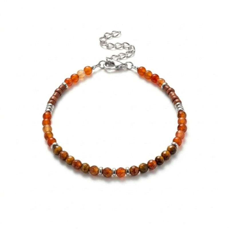 Bracelet perlé cornaline, marron - acier inox