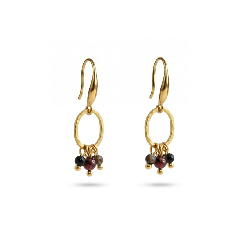 Boucles ovales martelée onyx, quartz, grenat - acier doré