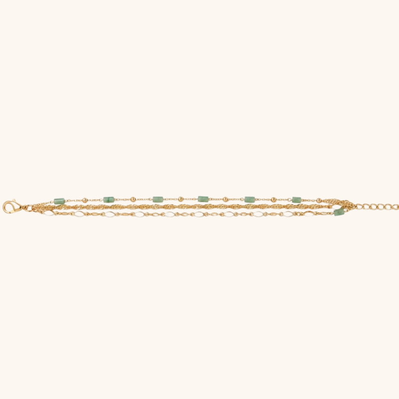 Bracelet trois rangs vert/blanc - acier doré