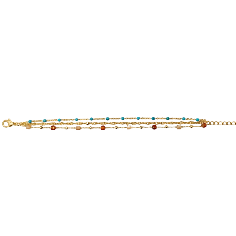 Bracelet trois rangs bleu/orange - acier doré