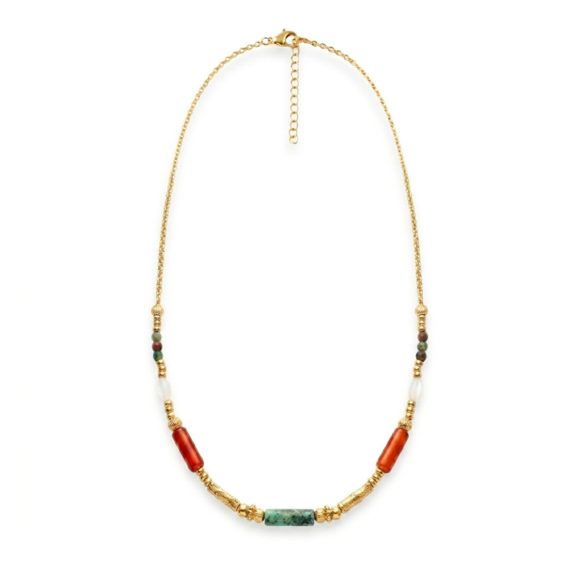 Collier tube turq afric, cornaline - acier doré