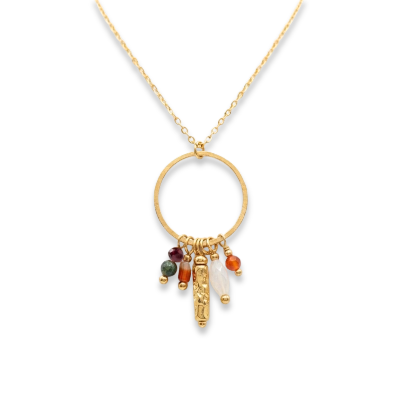 Collier attrape rêve nacre, cornaline, grenat - acier doré