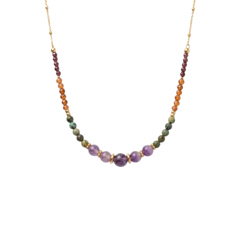 Collier améthyste, turq afric, cornaline - acier doré