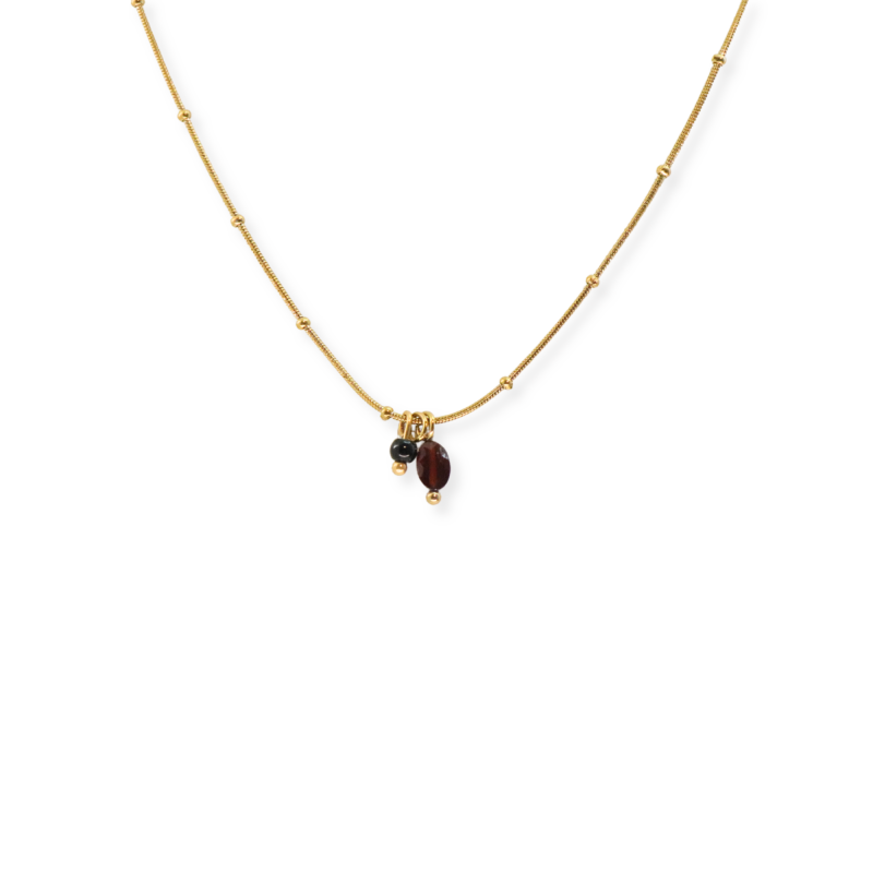 Collier grenat, onyx - acier doré