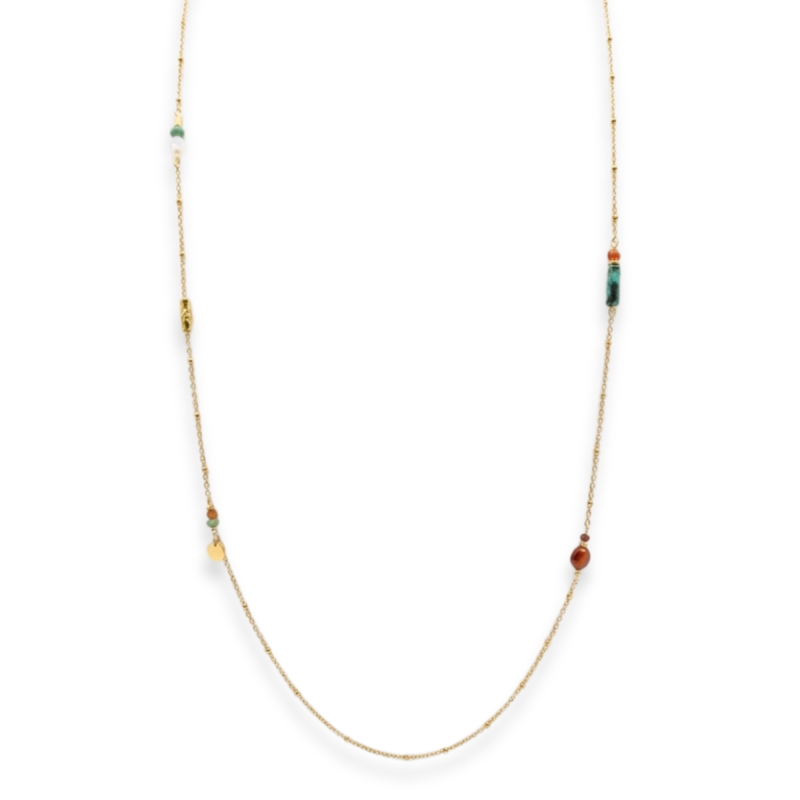 Collier long fin cornaline, turq afric - acier doré