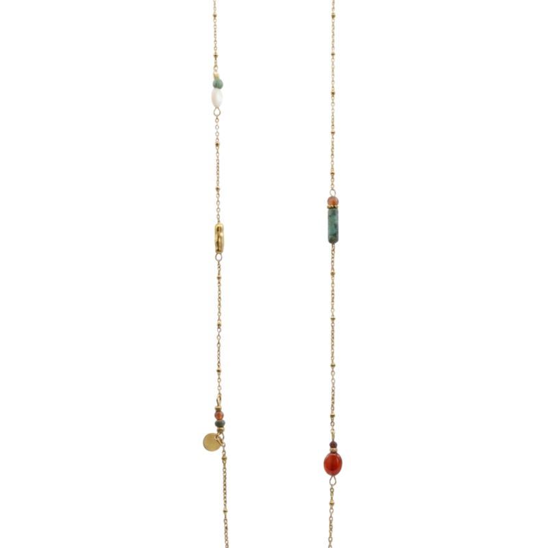 Collier long fin cornaline, turq afric - acier doré