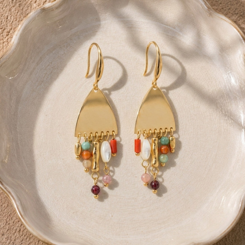 Boucles triangle multi pampilles colorées - acier doré