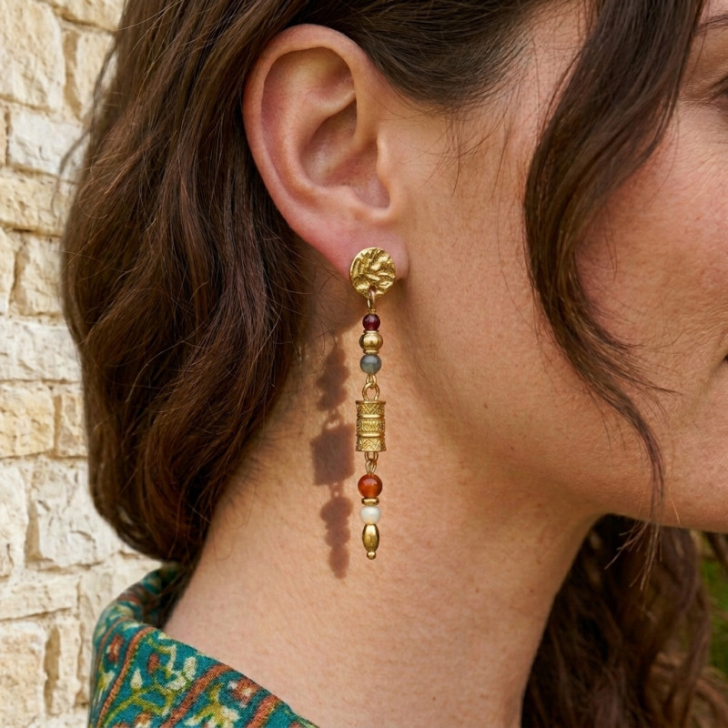 Boucles pend, cornaline grenat - acier doré