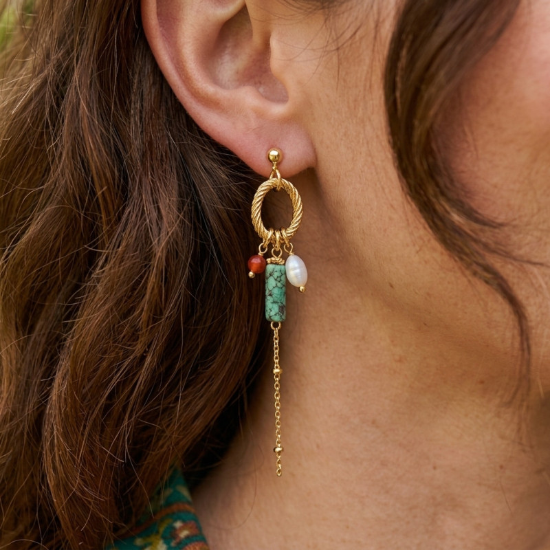 Boucles pend, ovales striées + tubes turq - acier doré