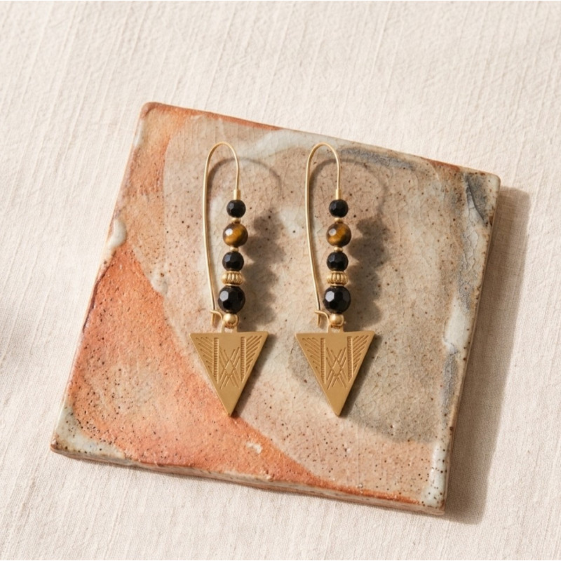 Boucles longues agate+triangle - acier doré