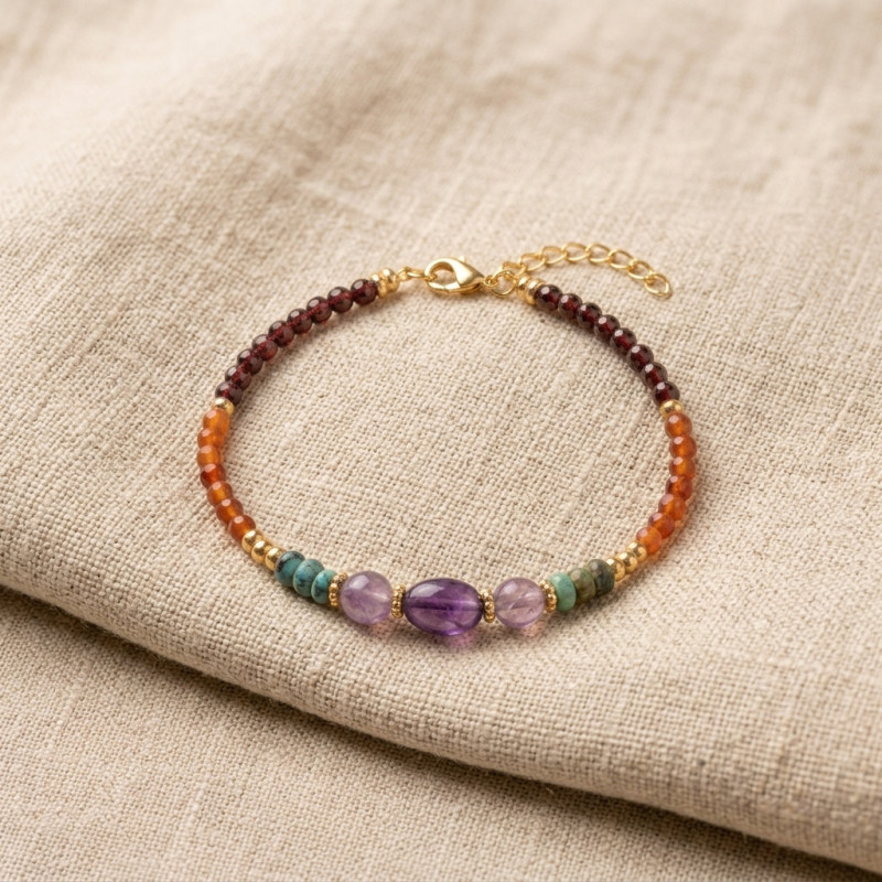 Bracelet améthyste, turq afric, cornaline - acier doré