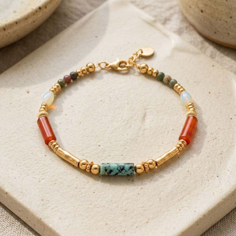 Bracelet tube turq afric, cornaline - acier doré