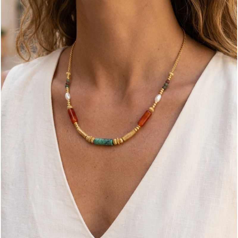 Collier tube turq afric, cornaline - acier doré