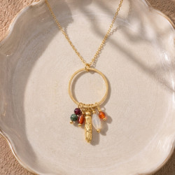 Collier attrape rêve nacre, cornaline, grenat - acier doré