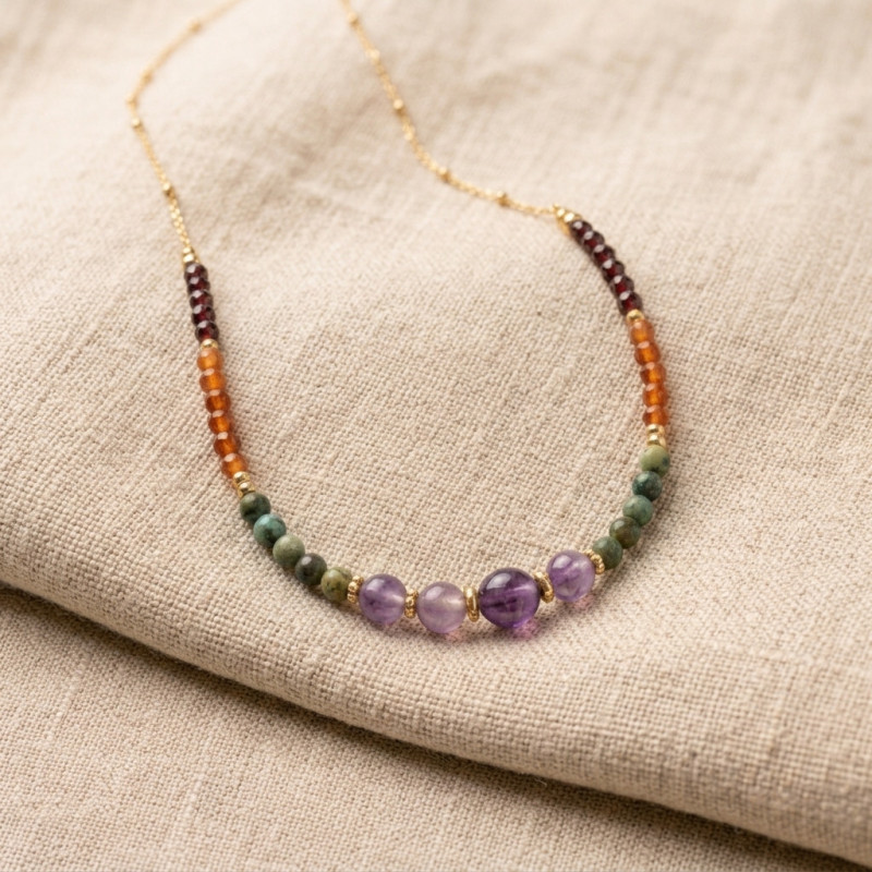 Collier améthyste, turq afric, cornaline - acier doré
