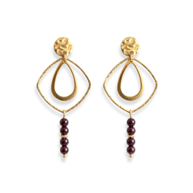 Boucles pendantes losange martelé perles grenat