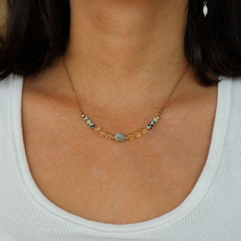 Collier amazonite, citrine et jaspe dalmatien