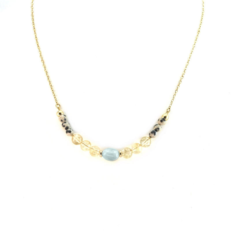 Collier amazonite, citrine et jaspe dalmatien