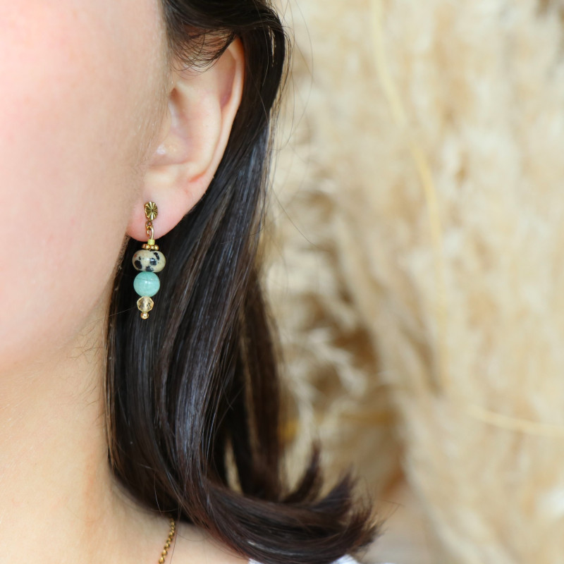 Boucles enfilade jaspe dalmatien et amazonite