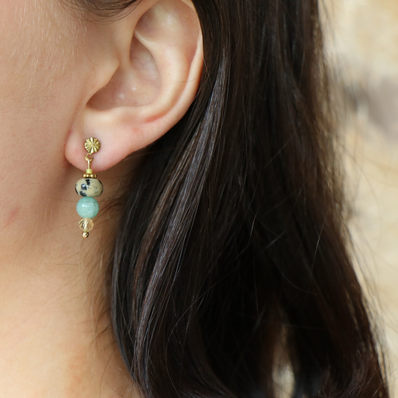 Boucles enfilade jaspe dalmatien et amazonite