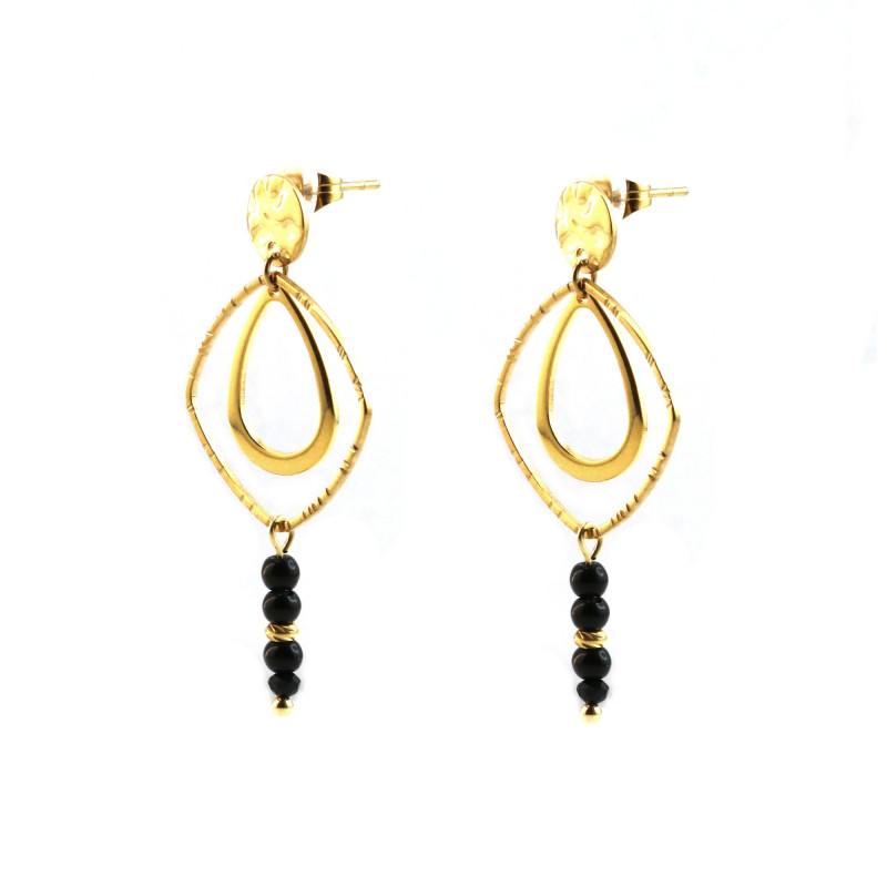 Boucles pendantes losange strié perles noires