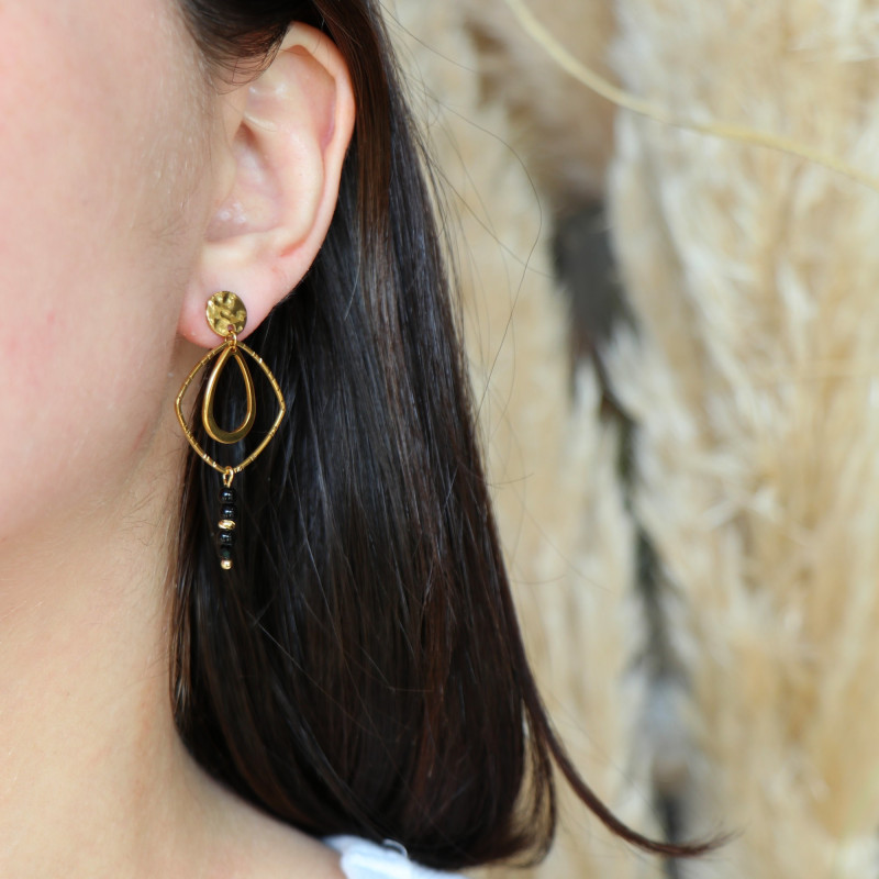 Boucles pendantes losange strié perles noires